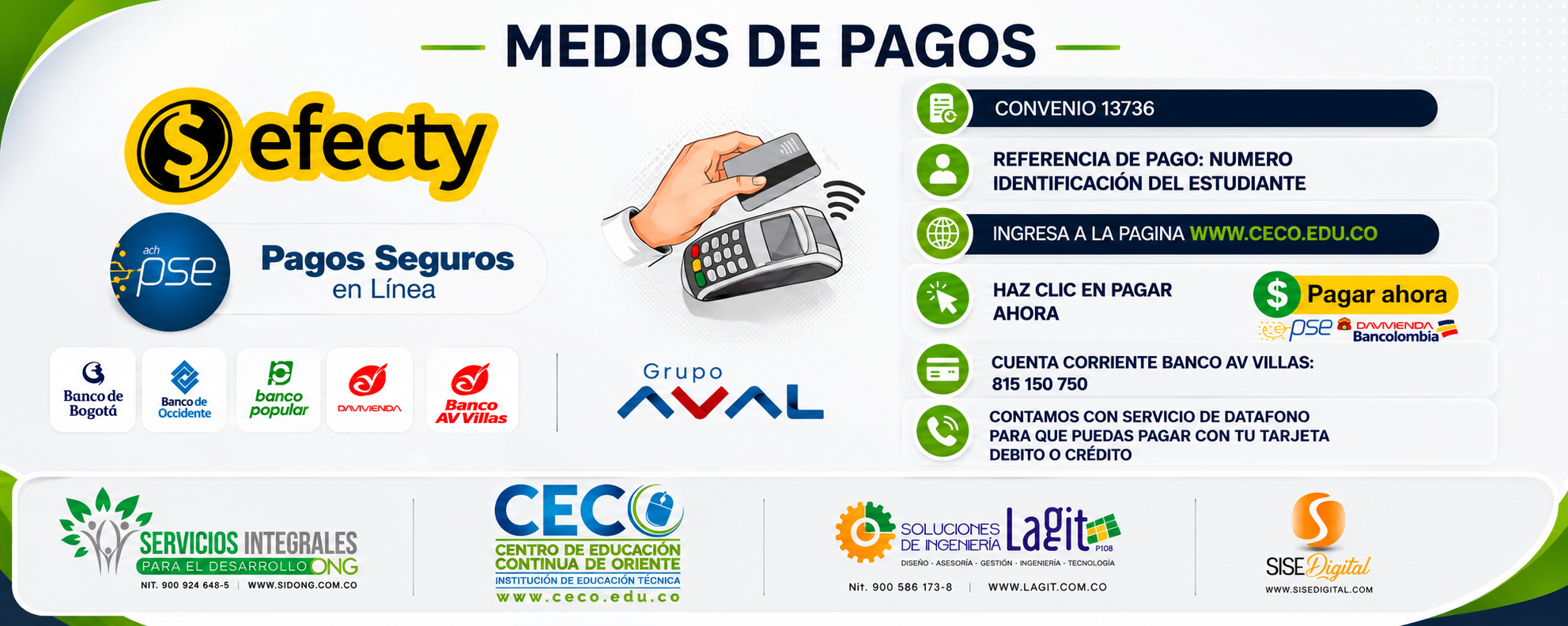 medios de pago autorizados grupo aval, av villas, baloto o efecty