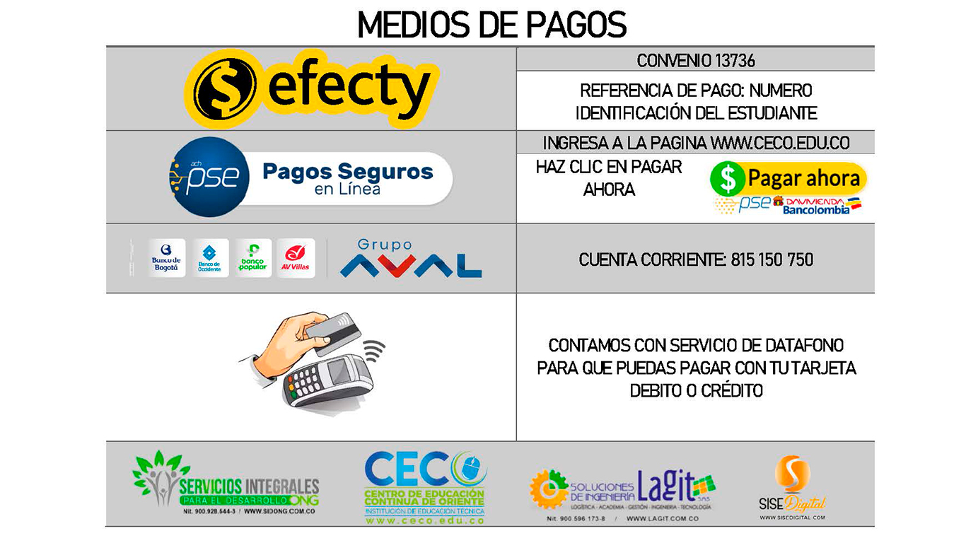 medios de pago autorizados grupo aval, av villas, baloto o efecty